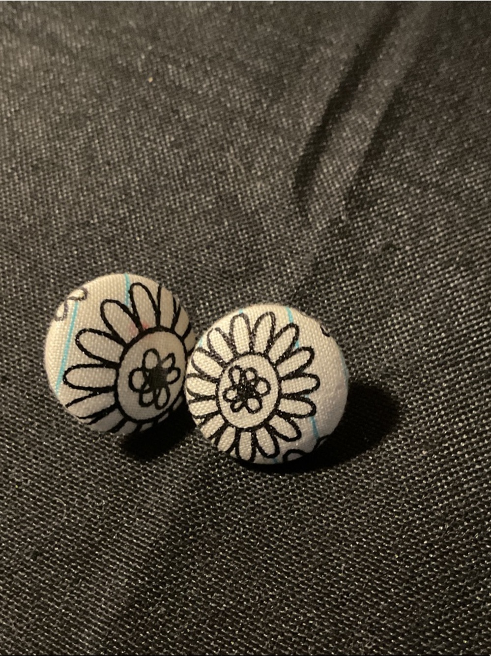 Handmade Fabric Button Earrings - White with Black Daisy Print